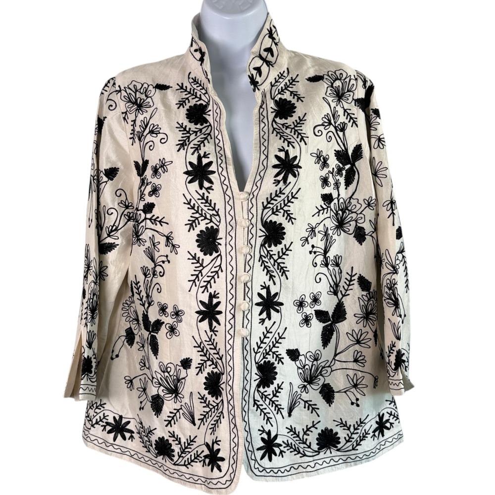 Anu Womens Silk‎ Floral Embroidered Jacket Sz L Lightweight Boho Cottage Artsy